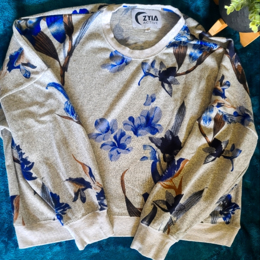 ZYIA ACTIVE FLORAL HIGH LOW CROPPED SWEATSHIRT sz M